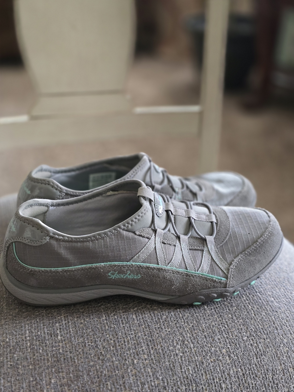 Skechers Women's Grey Slip-On Walking Shoes with Mint Accent Sz 9